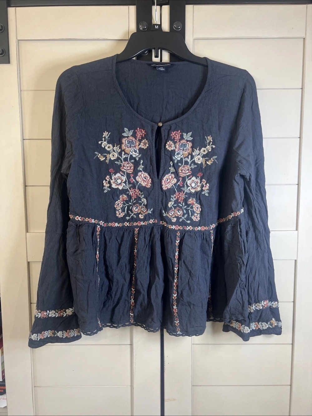 American Eagle Outfitters Navy Blue Floral Embroidered Peasant Blouse